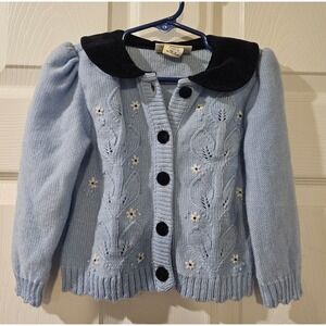 BT Kids Sweater Girls Size 2T Blue Floral Knit Cardigan‎ Black Velvet Collar